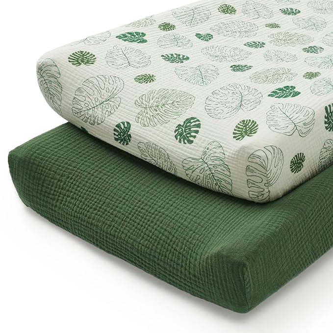 Blissful Diary Muslin Changing Pad Cover for Girls Boys, Ultra Soft Breathable Cotton, Baby Diaper Change Table Pad Covers, 2Pack (Monstera Leaves&Dark Green)