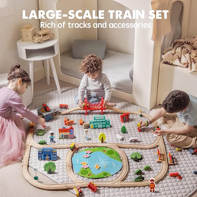 Tiny Land 110PCS Wooden Train Set – Toy Train with Tracks for Kids Ages 3-7, Compatible with Major Brands, Ideal Railway Playset for Boys and Girls, Great Birthday