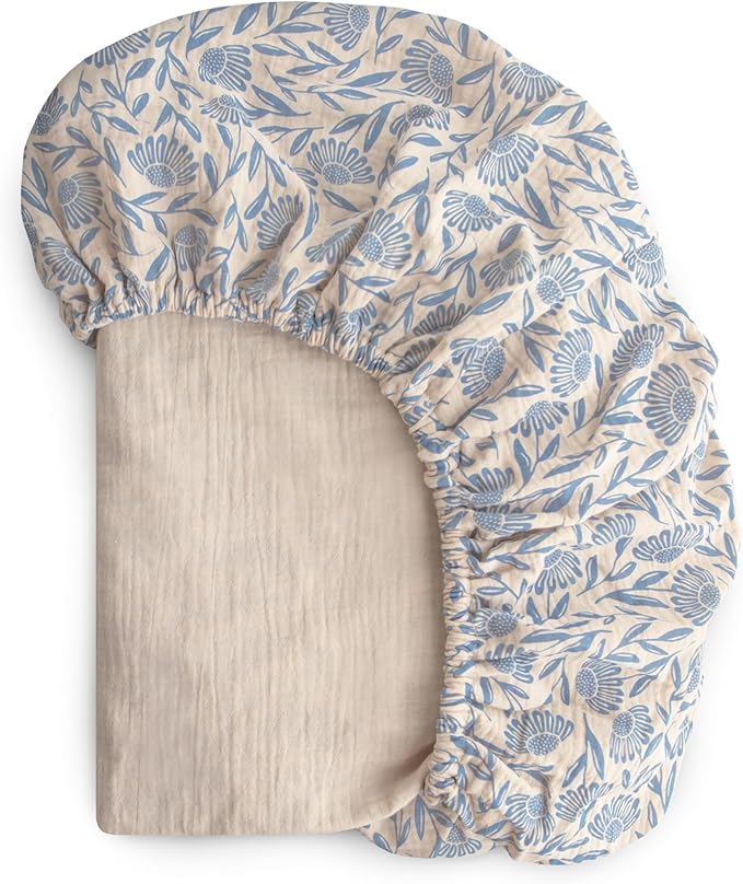 mushie Extra Soft Muslin Fitted Crib Sheet | 192 Thread Count | 28"x 52" (Blue Flowers)
