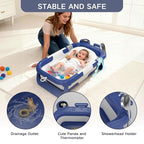 Collapsible Baby Bathtub for Newborn to Toddler (0-24 Months), Portable Baby Bath Tub for Travel, Newborn Bathtub with Soft and Supportive Cushion (Astronaut-Blue)