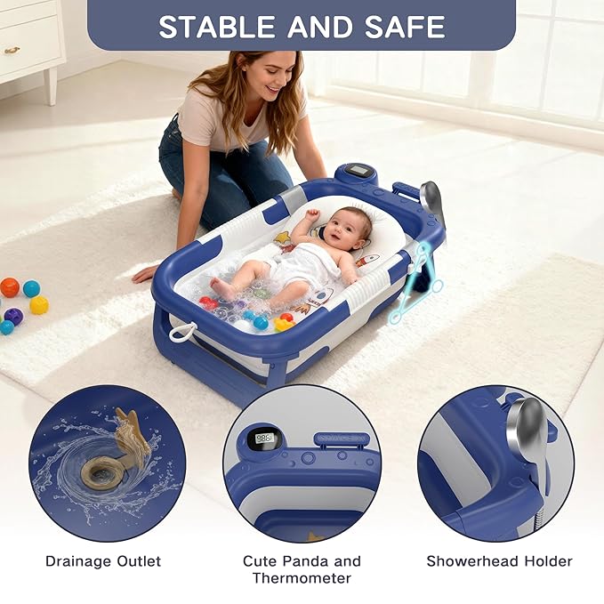 Collapsible Baby Bathtub for Newborn to Toddler (0-24 Months), Portable Baby Bath Tub for Travel, Newborn Bathtub with Soft and Supportive Cushion (Astronaut-Blue)
