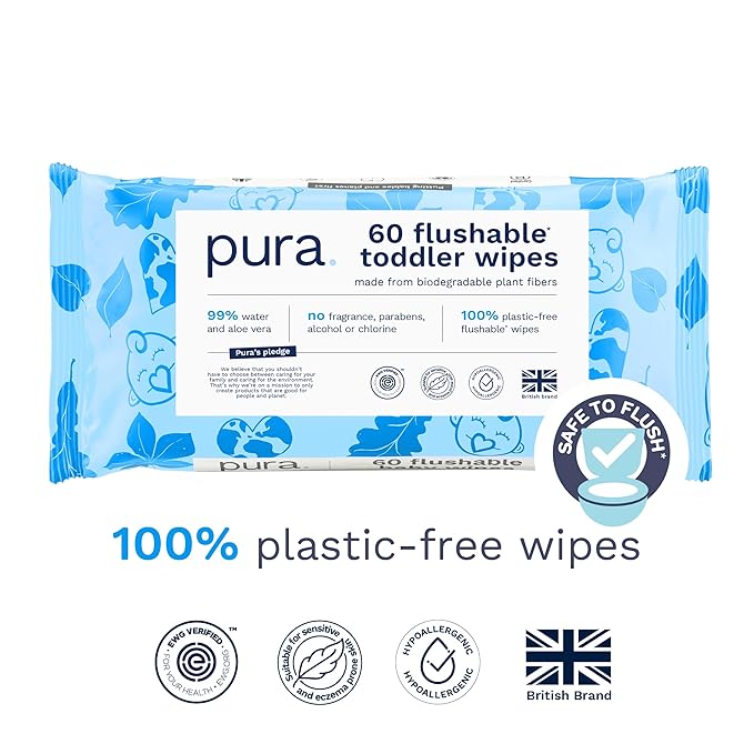 Pura Flushable Toddler Wipes 1 x 60 Wipes, 100% Plastic Free, 99% Water, Hypoallergenic & Fragrance Free, Totally Chlorine Free, Kids Toilet Wipes, Sensitive Skin