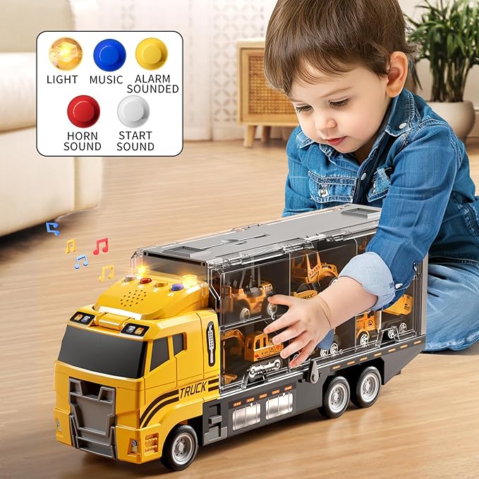 Toddler Boys Construction Truck Vehicle Toy Set with Play Mat and Die-Cast Toy Car, Transport Carrier Truck for Kids 3-5, Birthday Gifts Toys for 3-8 Year Old Boys