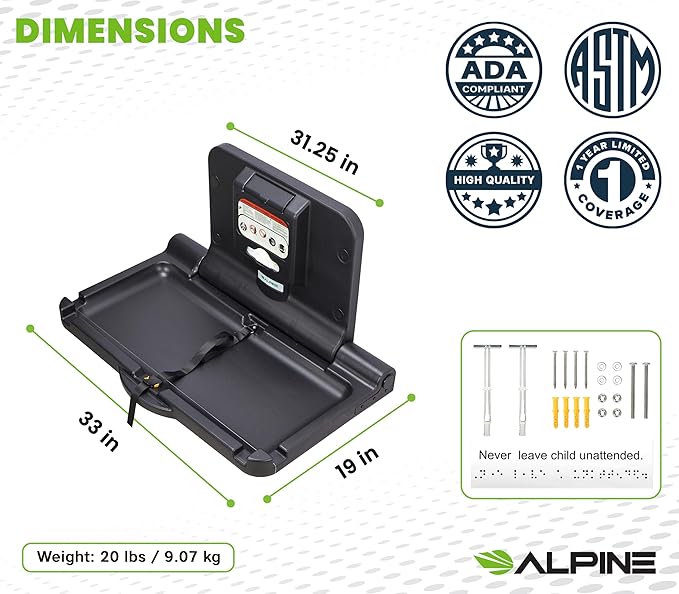 Alpine Wall Mounted Baby Changing Station 2 Pack - Horizontal Baby Changing Table Foldable Diaper Tables with Safety Strap for Commercial Bathroom, ADA Complaint (Hardware Included) Black