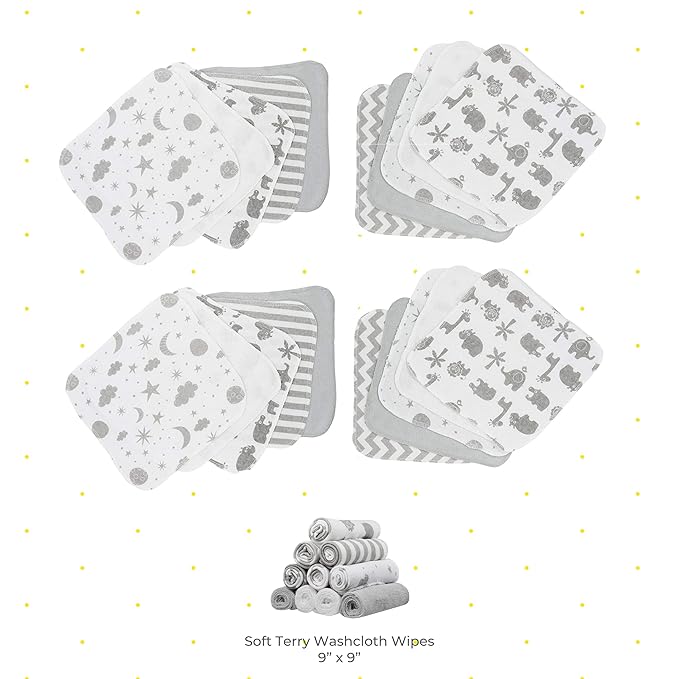 Spasilk 20-Piece Washcloth Set for Newborn Boys and Girls, Soft Terry Baby Washcloths, Baby Essentials, Gray Celestial