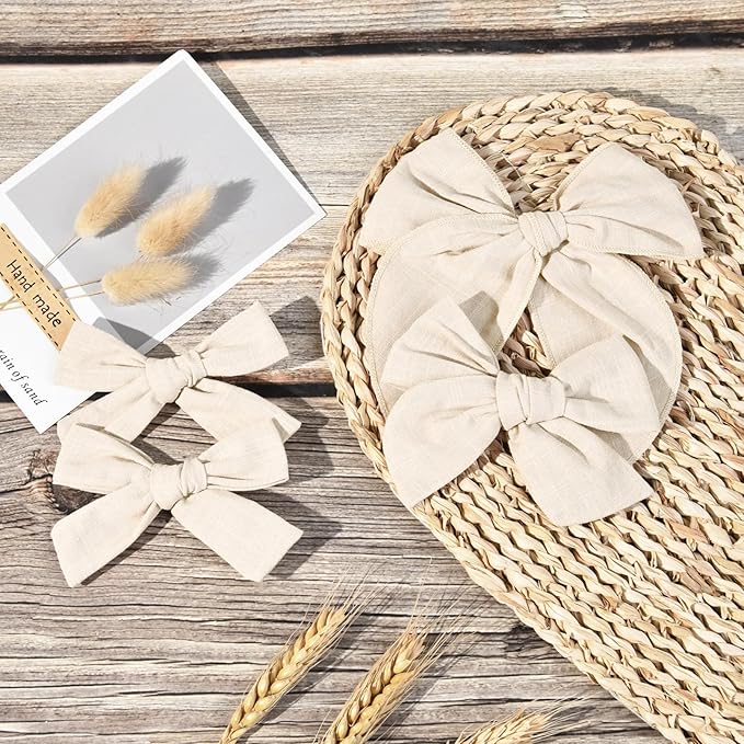DEEKA 4 PCS Beige Cotton Linen Hair Bows 3 Styles 5" & 4" Handmade Hair Bow set for Toddler Girls Alligator Hair Clips Knot Bows Hair Accessories for Little School Girls (Beige)