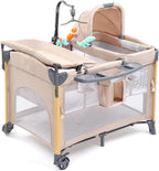 JOYMOR 7 in 1 Bedside Bassinet with Changing Table, All in One Nursery Center, Bedside Sleeper with Mattress, Sheet, Canopy, Storage Shelf (Beige)