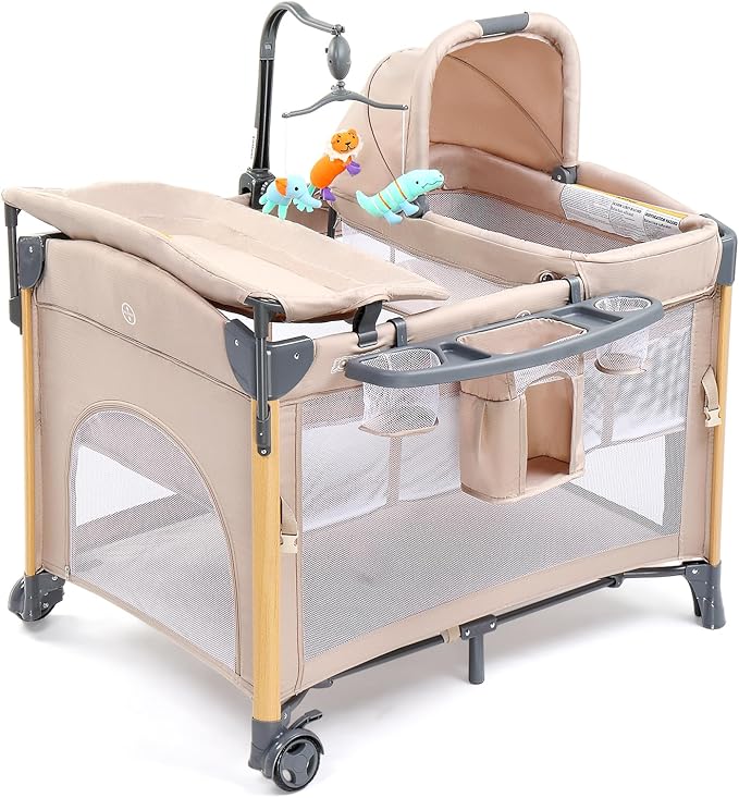 JOYMOR 7 in 1 Bedside Bassinet with Changing Table, All in One Nursery Center, Bedside Sleeper with Mattress, Sheet, Canopy, Storage Shelf (Beige)