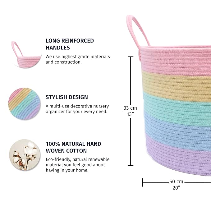 OrganiHaus Cute Basket for Pastel Rainbow Classroom Decor 20x13, Toy Basket Storage for Kids Room, Toy Bins for Kids Organizer, Large Blanket Basket Living Room, Rainbow Storage Bins, Nursery Hamper