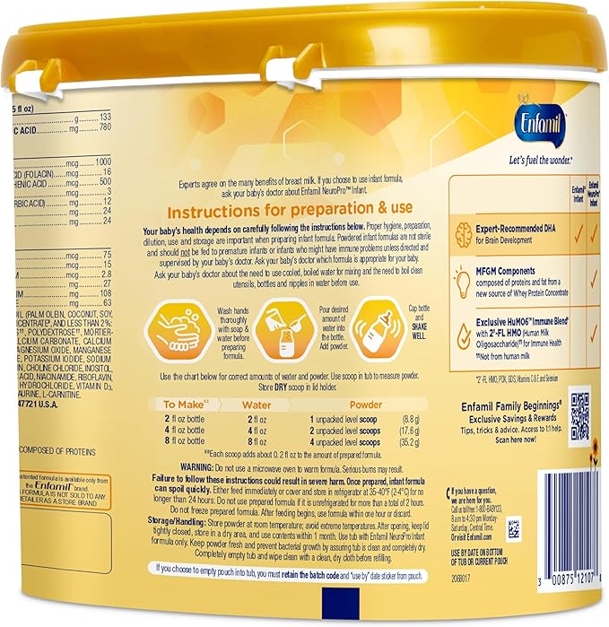 Enfamil NeuroPro Baby Formula, Milk-Based Infant Nutrition, MFGM* 5-Year Benefit, Expert-Recommended Brain-Building Omega-3 DHA, Exclusive HuMO6 Immune Blend, Non-GMO, 124.2 oz