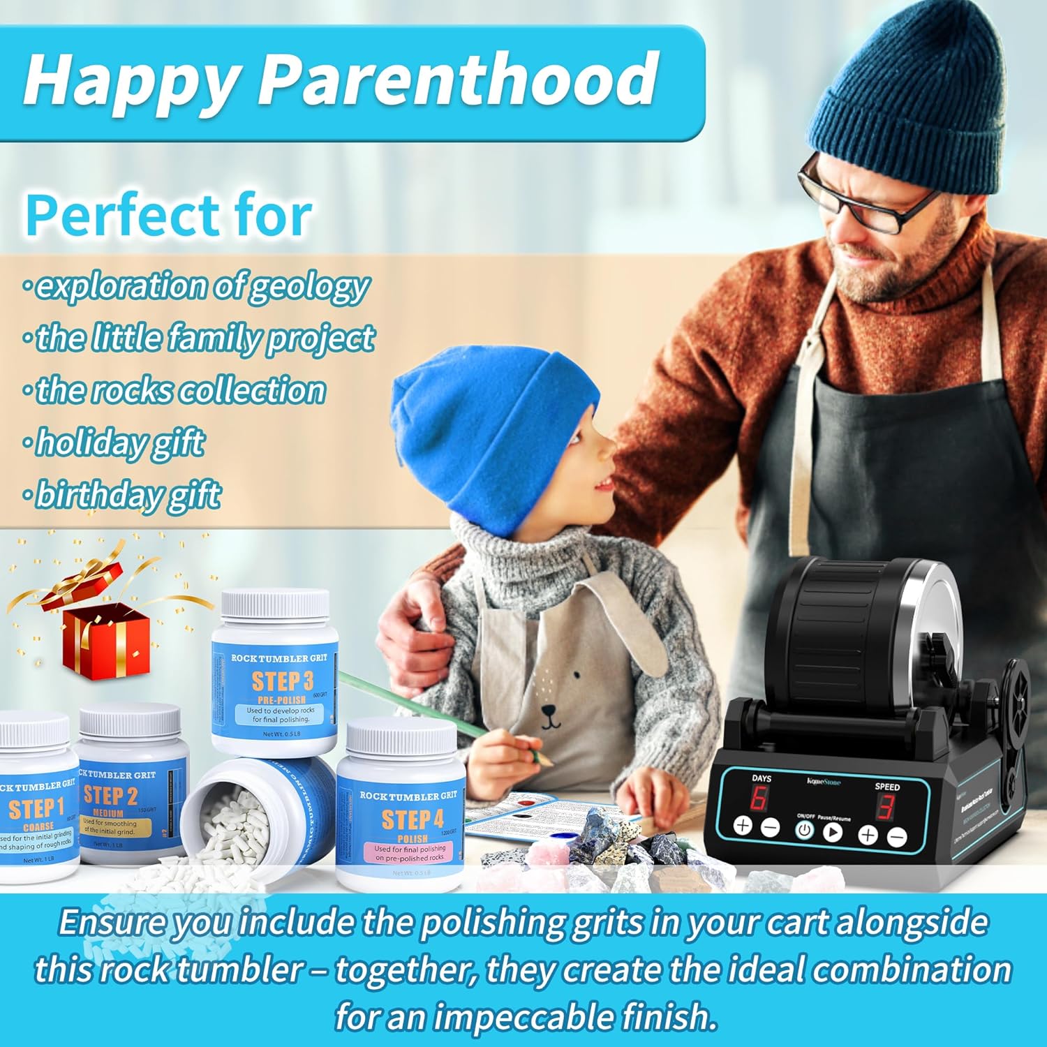 K1 Pro Professional Cutting-Edge Brushless Motor Advanced Rock Tumbler Polisher Kit, Extra Large 2.5Lb Barrel with 3-Speed Motor 9-Day Timer, Belts, Rough Gemstones, 4 Polishing Grits etc.