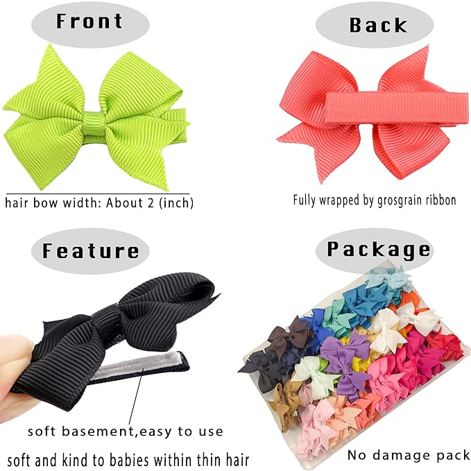 CÉLLOT Baby Hair Clips 50Pcs Tiny 2" Baby Hair Bows Fully Covered Barrettes Clips for Baby Girls Infants and Toddlers,25 Colors in Pairs
