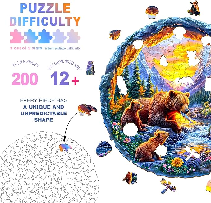 Wooden Puzzles for Adults and Kids - Bear Family Wooden Jigsaw Puzzle - Unique Animal Shaped Wood Puzzles Adult - Creative Birthday Gift Family Game 200pcs