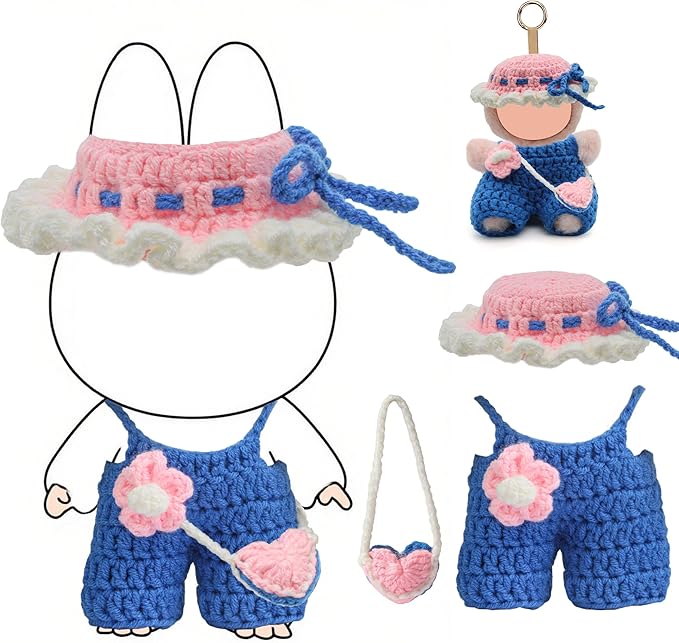 Handmade 17cm Doll Clothes - Purely Hand Crocheted Overalls Hat & Heart-Shaped Bag, Easy Put On, No Doll, 17cm Doll Accessories for Gifts
