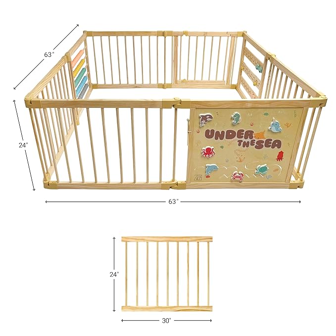 Wooden Playpen Extra Large for Toddlers and Babies - Under The Sea Theme Toy Desighn - (8/10) Wood Panels - Foldable and Adjustable Baby playpen - Extra Large Baby playpen (8-Panels)