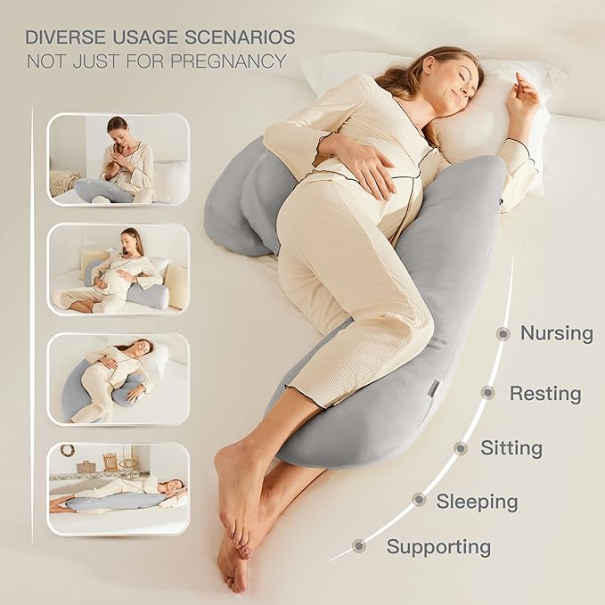 Pregnancy Pillow for Sleeping, Washable 100% Tencel Lyocell Cover, Adjustable H-Shaped Full Body Pillow for Side Sleepers, Silky Breathable, Cooling Maternity Pillow, Pregnancy Must Haves, Light Grey