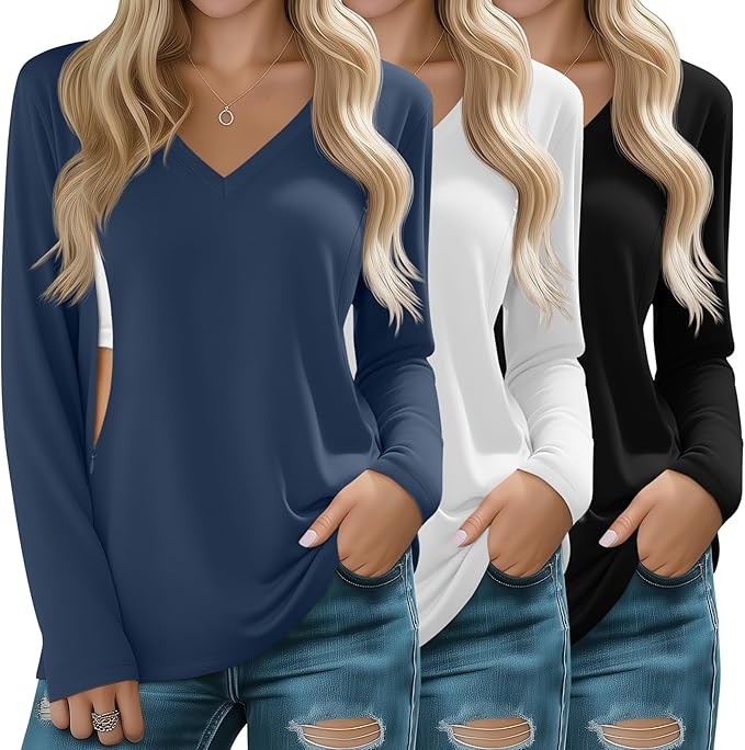 Huukeay 3 Pack Women's Long Sleeve Nursing Tops, Breastfeeding Hidden Zippers Shirts V Neck Maternity Pregnancy Tees Clothes