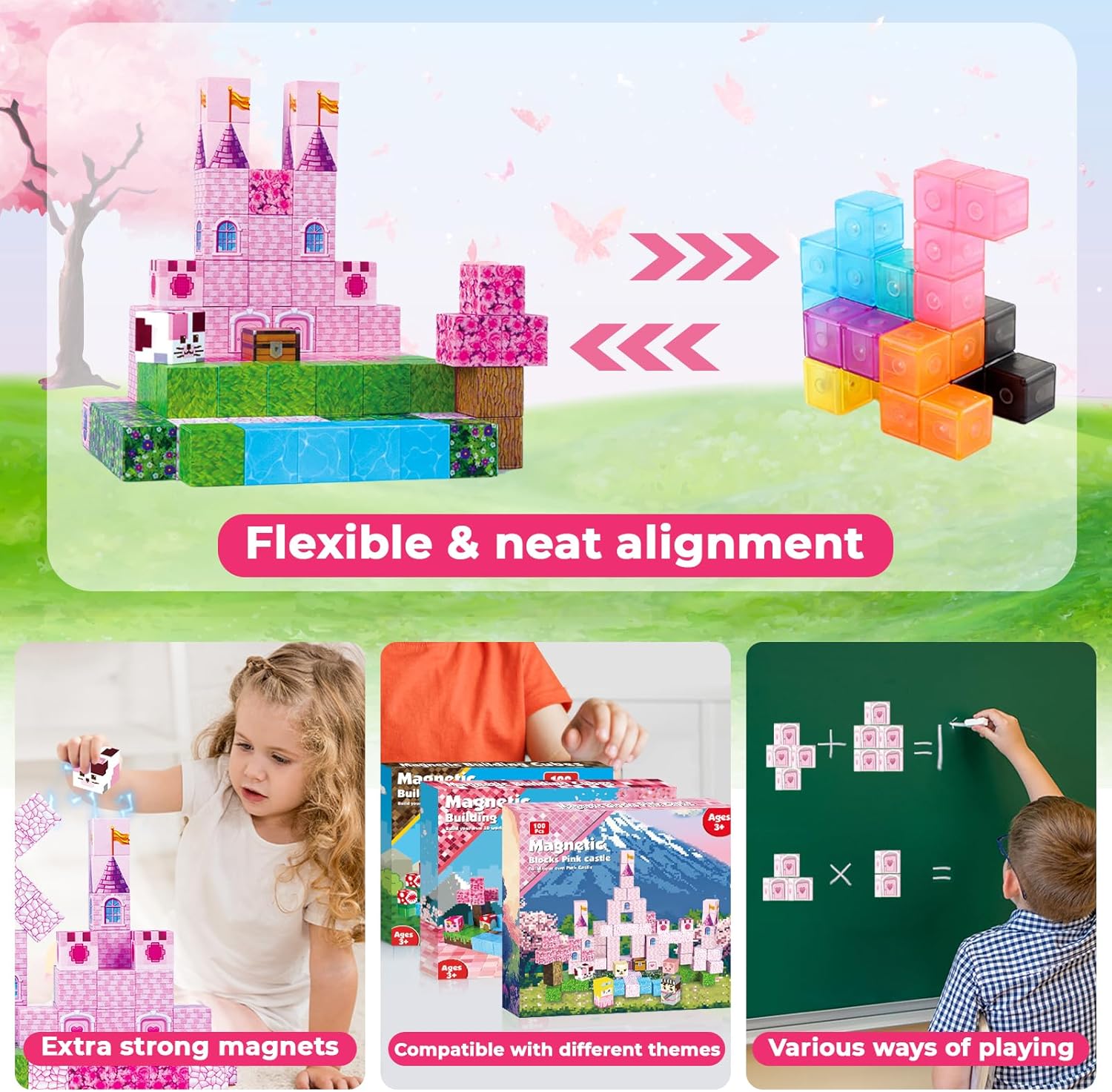 Magnetic Blocks - 100PCS Magnetic Building Block for Kids, Pink Princess Castle Magnet Cubes Sets, Princess Toys for Girls Ages 3 4 5 6 7 8-12 Holiday Birthday Gifts