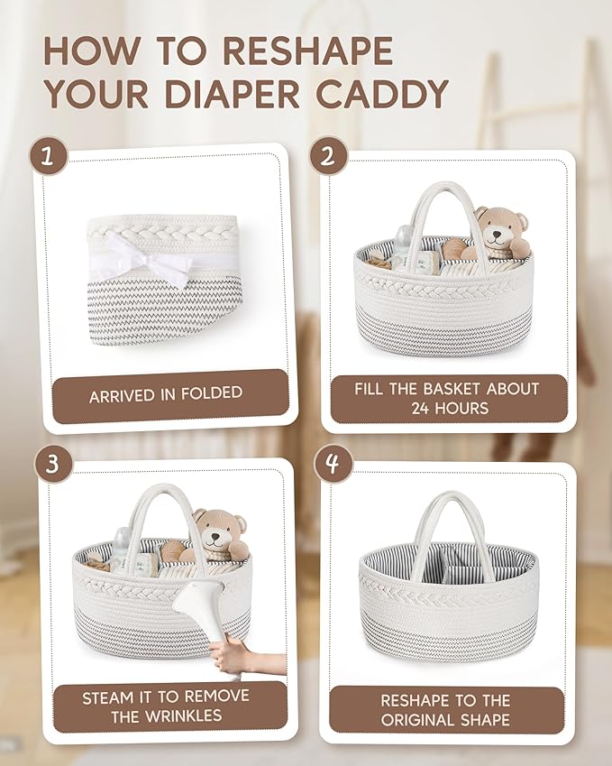Maliton Baby Diaper Caddy Organizer, Cotton Rope Diaper Caddy Basket, Large Storage Basket for Newborn Boys and Girls, Gift for Baby Shower List, Newborn Essentials