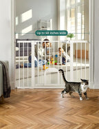 Babelio 29-48" Extra Wide Baby Gate with Adjustable Cat Door,Easy Install Pressure/Hardware Mounted,Auto Close Pet door for Stairs,House,Doorways,Effortless Walk Thru,White