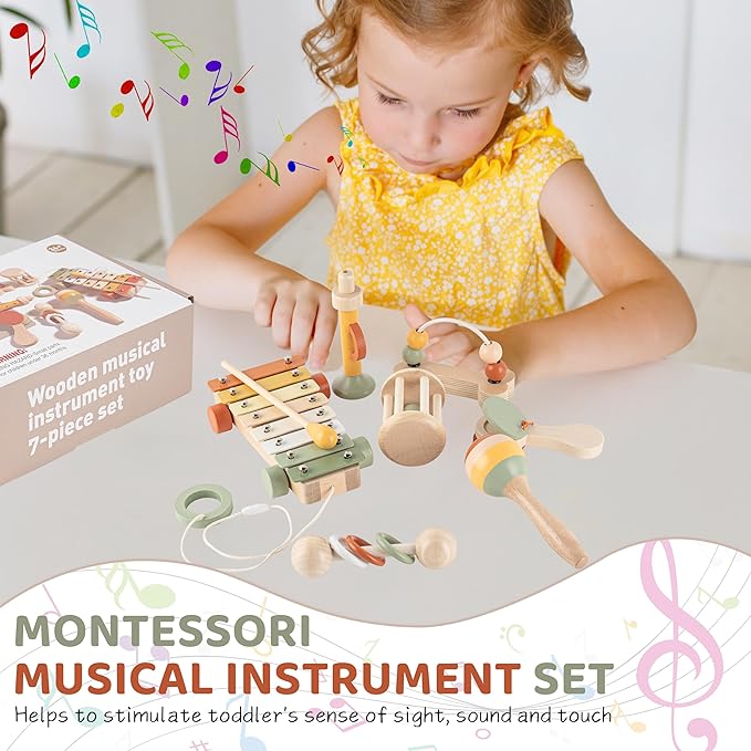 VINJOE Baby Musical Instruments-Toddler Montessori Wooden Musical Toys for Kids, Neutral Colors Percussion Instruments Set Early Learning Musical Toys for Preschool Educational Birthday Gifts