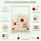 PairPear Wooden Baby Walker with Wheels, Baby Sit-to-Stand Baby Walker & Activity Cart, Montessori Activity Walker Busy Board for Baby Boys Girls 12m+(Sage Green)