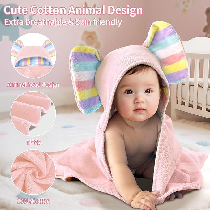 VOOVA & MOVAS Thick Baby Hooded Bath Towel - 100% Cotton,500GSM, 33x31.5 Inches,0-2Years,Super Absorbent Large Towel with Cute Elephant Ears Hood for Newborn, Baby, Infant, Pink