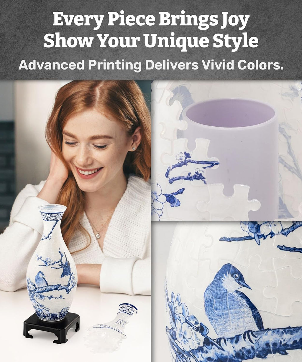 Pintoo 3D Puzzle Vase Unique Flower Vase Made by 160 Curved Plastic Puzzle Pieces House Warming Gift for Flower Arrangements and Home Decoration - [S1025] (Translucent, Magpies on Plum Tree)