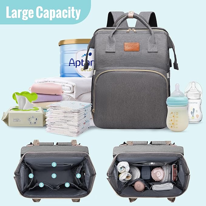 Diaper Bag with Changing Station, Baby Diaper Bag with USB Charging Port, Multi-functional Waterproof Travel Essentials Diaper Bag Backpack for Boys & Girls, Gray