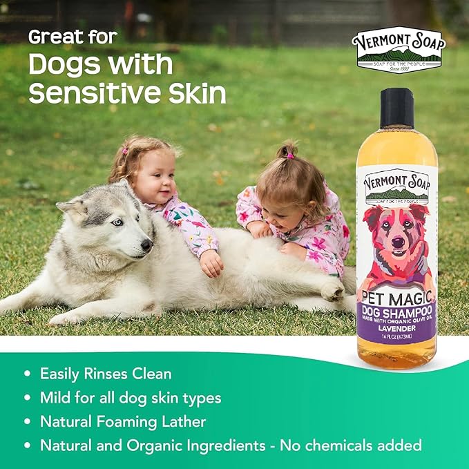 VERMONT SOAP Organics Pet Shampoo - Infused with Organic & Natural Olive Oil, Coconut & Aloe Vera Dog Shampoo for Sensitive Skin - USDA Certified Grooming Pet Shampoo - Lavender (16oz)
