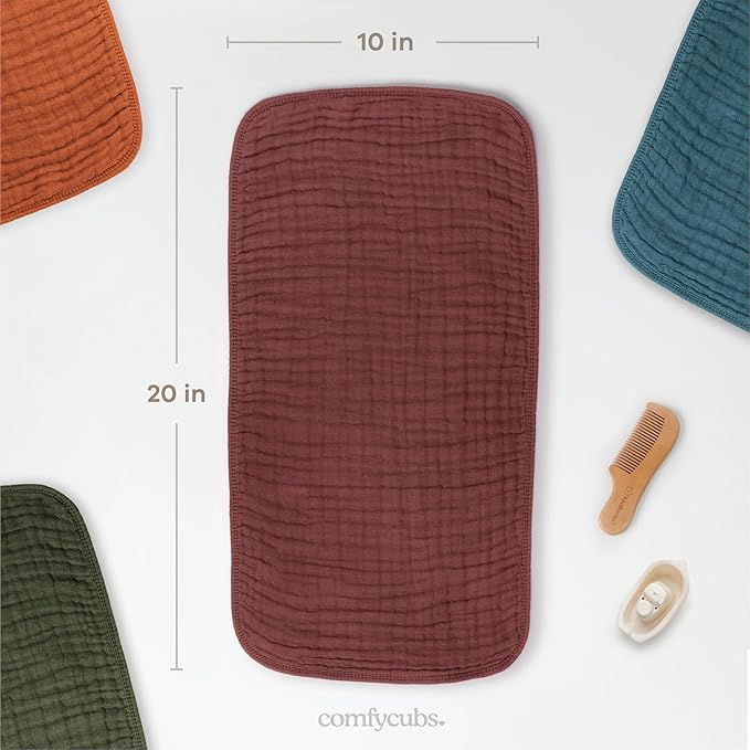 Comfy Cubs Muslin Burp Cloths 20" x 10", Pack of 10 - Large, 6-Layer, Ultra Absorbent 100% Cotton for Baby Drool and Messes - Soft, Safe & Gentle Baby Burp Cloths Set for Boys & Girls - Wine