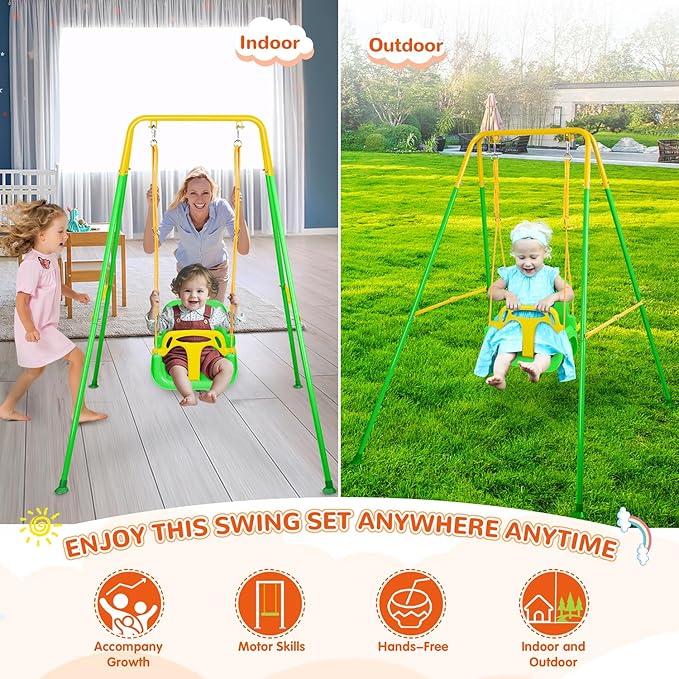 4-in-1 Swing Set & Baby Jumper and Bouncer for Toddler, Heavy Duty Baby Swing Set with Foldable Metal Stand for Indoor & Outdoor Play (Green)