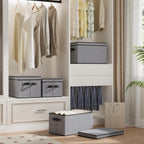 Storage Boxes, 15 x 9.8 x 8.3 Inch Baskets for Organizing with Lids, Fabric Bins with Handles, Decorative Linen Closet Organizers, Gray, 5 Pack