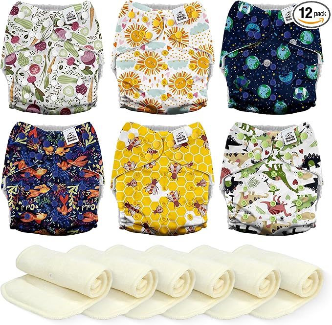 Mama Koala 3.0 Cloth Diapers for Babies, 6 Pack One Size Washable and Reusable Pocket Diapers for Newborns and Toddlers (Animals and Earth)