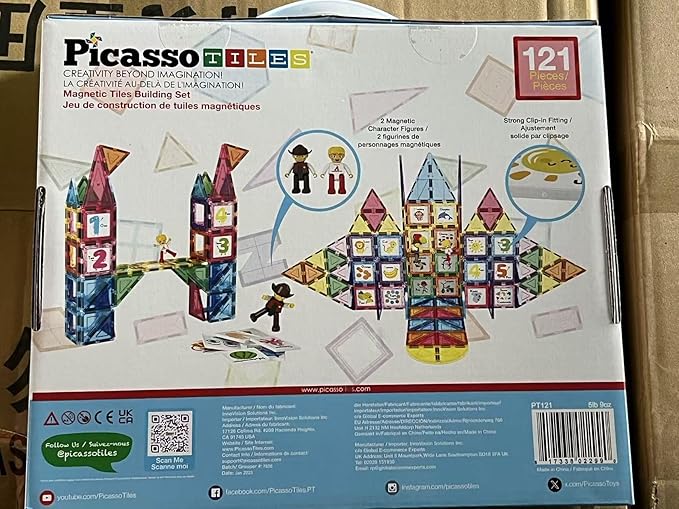 PicassoTiles 121 pc Master Builder Magnetic Building Block Construction Set Magnet Tiles Blocks with Car Truck, 2 Character Action Figures, 28 Educational Alphabet Animal and Number Graphics, Windmill