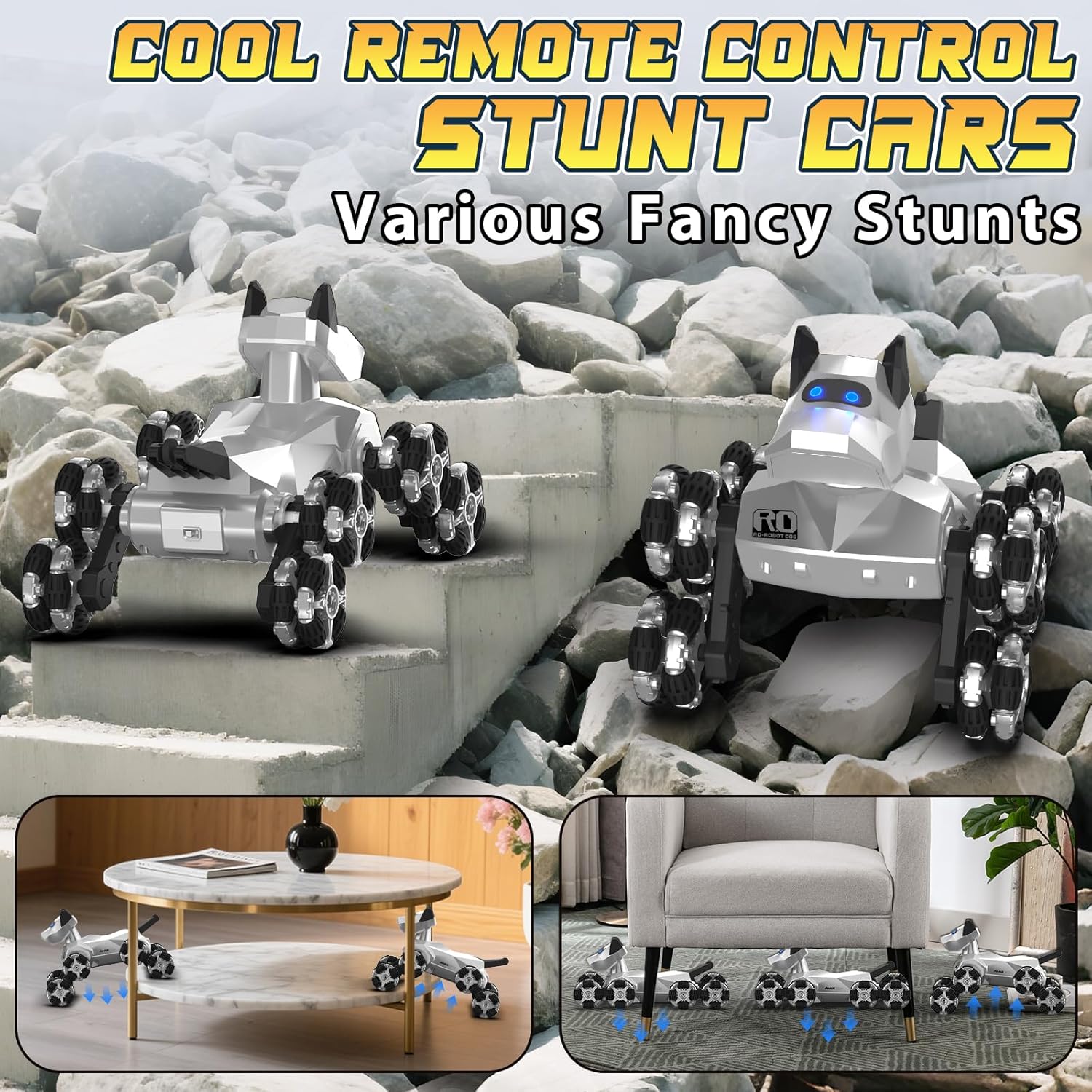 Remote Control Robot Dog Toy 2.4GHz 8WD All-Terrain Gesture Sensing Stunt RC Cars RTR Climbing Robot Dogs with Music Light Eyes 2 Rechargeable Batteries for 8-12 Boys Girl Kids