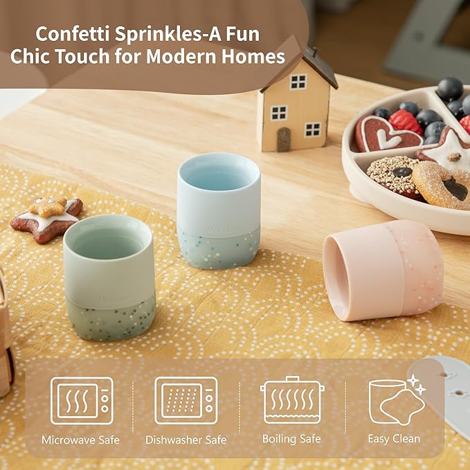 Moonkie Silicone Baby Cup 4 Months+ | Open Training Drinkware for Infants with Confetti Sprinkles | Baby-Led Weaning Essential | 2 oz (Ivory, 1 Pack)
