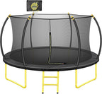10FT 12FT 14FT 16FT Pumpkin Trampoline for Kids Adults, ASTM Approved Outdoor Recreational Trampoline with Basketball Hoop, Enclosure Net, Yellow