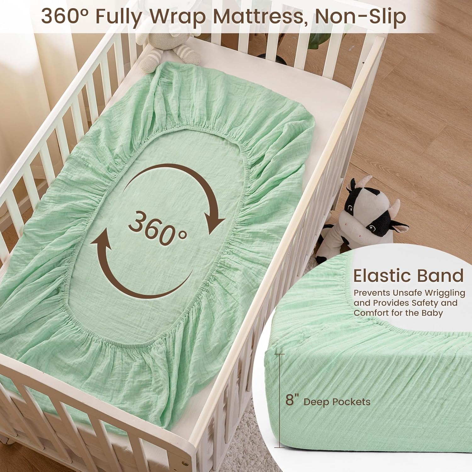 david's kids Muslin Crib Sheets for Boys Girls, 2 Pack 100% Cotton Soft Breathable Fitted Baby Sheet Set, 28x52 Inch Fits Standard Crib and Toddler Mattresses, Beige & Green