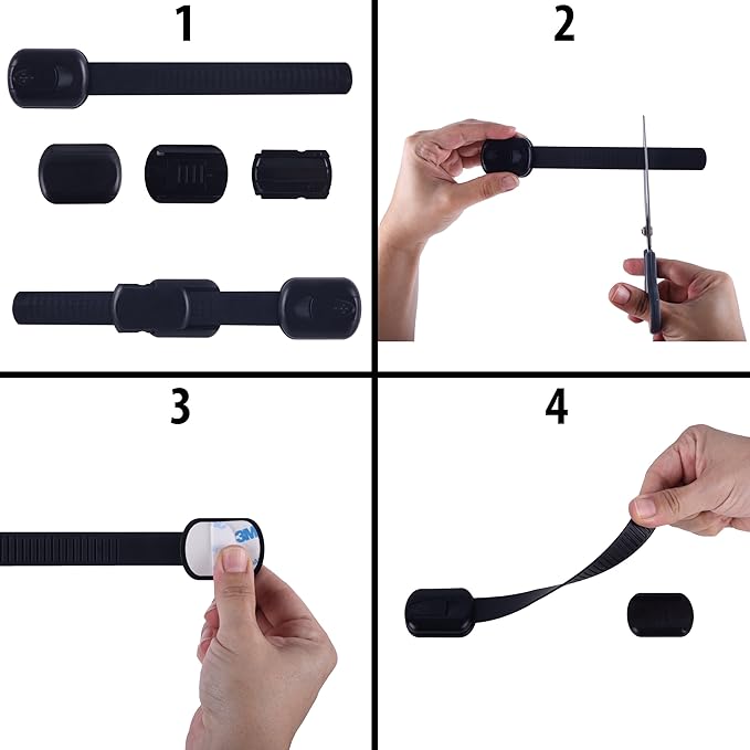 Child Safety Cabinet Locks (4 Pack) – Adjustable Baby Proofing Strap Latches with Strong 3M Adhesive – No Drill Childproof Locks for Drawers, Cabinets, Fridge, Door, Closet, Black