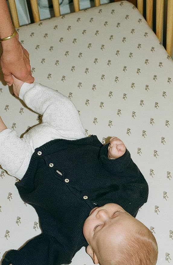 Oilo Crib Sheet, Breathable, Fitted, Organic Cotton Jersey, 300-Thread, Machine Wash, Fits Standard Crib (28" x 52" x 6"), Toddler Bedding, Heirloom Organic Collection, Mushroom