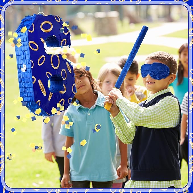Number 6 Blue and Golden Rings Piñata for Kids Birthday Cartoon Theme Small Piñata with Blindfold Stick Confetti for Fiesta Cinco De Mayo Party Decor, 15.8 x 11 x 2.8 Inch