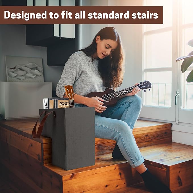 SAM AND MABEL Stair Baskets for Carpeted Stairs and Wooden Stairs – 16”L x 9.5”W x 16”H Staircase Basket with Handles, Foldable Stairway Storage Organizer for Home and Office Decor (Elegant Black)