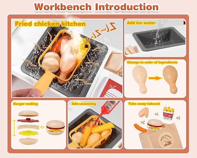 Kids Kitchen Food PlaySet - Simulated Fried Chicken Fast Food Store Toy with Cash Register, Includes Color-Changing Food, Suitable Birthday Gift for Boys and Girls Aged 3-5