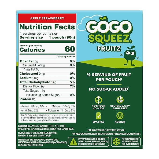 GoGo squeeZ Applesauce and Fruit Puree, Apple Strawberry, 3.2 oz (Pack of 48), Unsweetened Fruit Snacks for Kids, Gluten Free, Nut Free, Recloseable Cap, BPA Free Pouches (Packaging May Vary)
