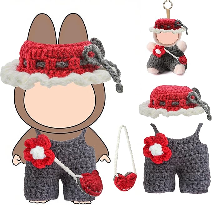 17cm Doll Clothes - Purely Handmade Crochet Hat & Overalls & Heart-Shaped Bag, Handcrafted Outfits for 15-17cm Doll Accessories (NO Doll)