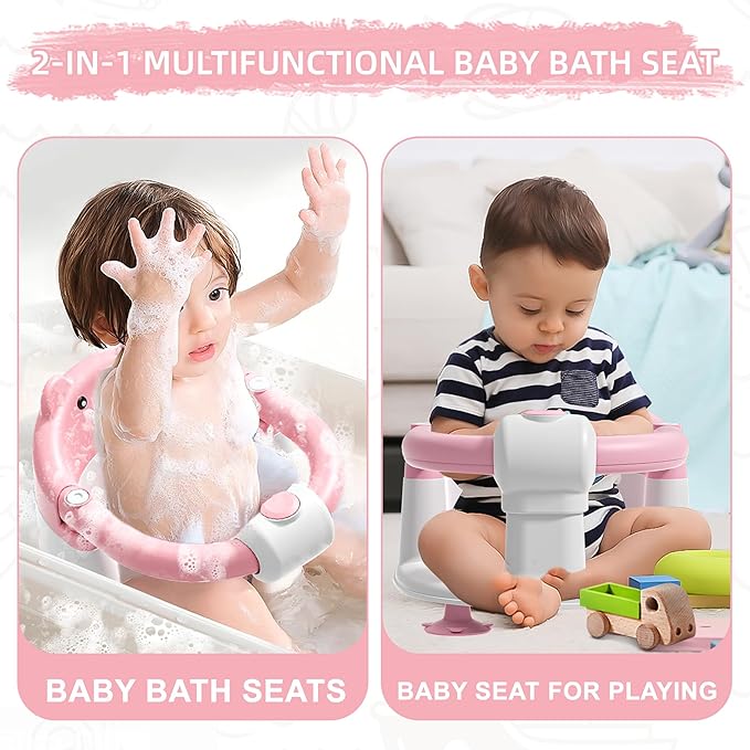 Baby Bath Seat for Babies 6 Months & Up, Toddler Bath Seats for Babies Sitting Up, Non-Slip Infant Bath Tub Chair with 4 Suction Cups & Soft Cushion for Shower, Compact Toddler Bathtub Seat, Pink