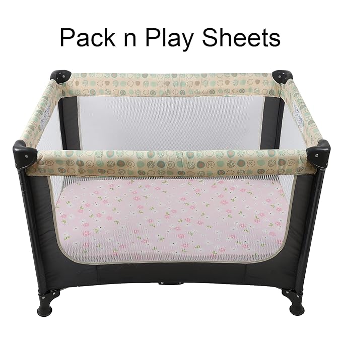 Onacosht Pack n Play Playard Fitted Sheets 2 Pack Set for Baby Girl Soft Stretchy Jersey Knit Portable Mini Crib Mattress Cover, Pink Floral
