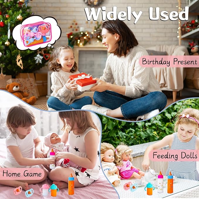 12 Pcs Baby Doll Accessories Magic Bottle set,Pretend Play Feeding Toy Set with Package,Doll Feeding Set for Kids Girls,Magic Disappearing Juice Milk Bottles,Sippy Cups,Pacifiers,Bowl Spoons