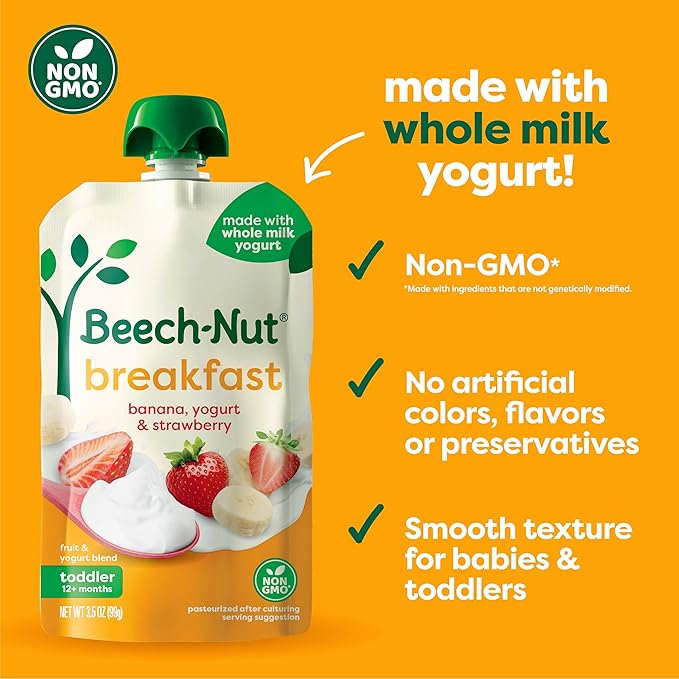 Beech-Nut Toddler Food Breakfast Pouches,Yogurt Banana & Strawberry Puree, 3.5 oz (12 Pack)